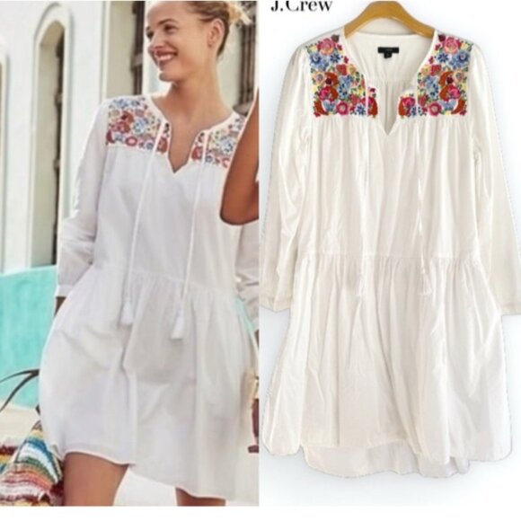 J. Crew Dresses & Skirts - J Crew Midi Dress M Medium White Embroidered Cotton Poplin Pockets Relaxed